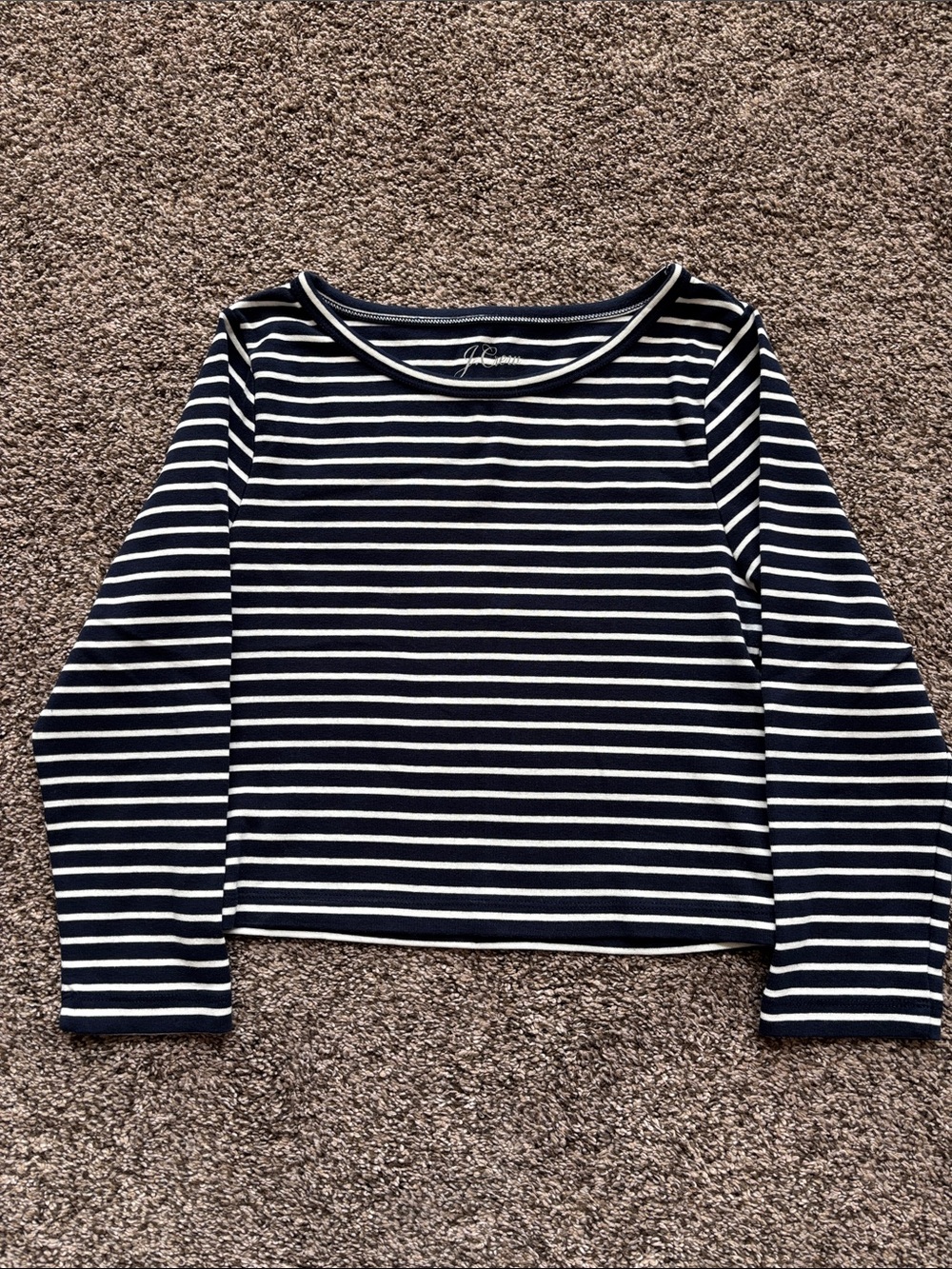 J. Crew Navy and White Striped 3/4 Sleeve Crop Top
